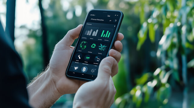 The app interface offers a daily recycling summary, with interactive visuals such as bar charts and eco-friendly rewards to engage users in their commitment to waste reduction and