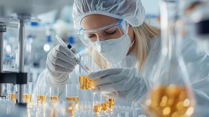 A focused scientist in lab carefully measures liquid using pipette, showcasing precision and dedication in research. environment is filled with glassware and scientific equipment, emphasizing professi