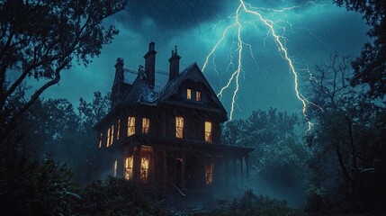 Thunderous Night: The House's Vigil Amidst the Crackling of Lightning .