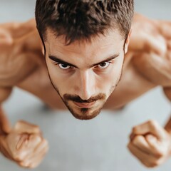 A focused man performing push-ups, showcasing strength and determination.