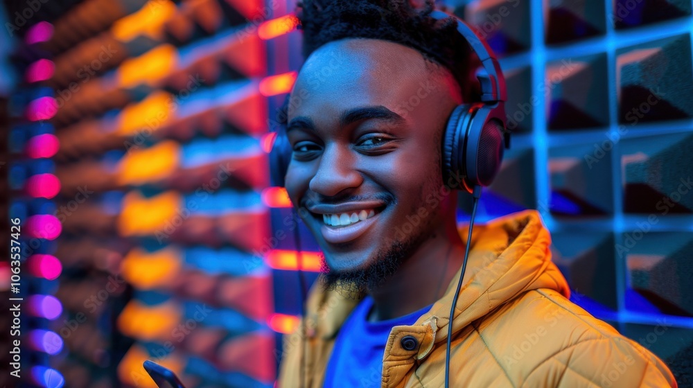 Wall mural a cheerful young man with headphones enjoys music in a vibrant, colorful setting with geometric patt