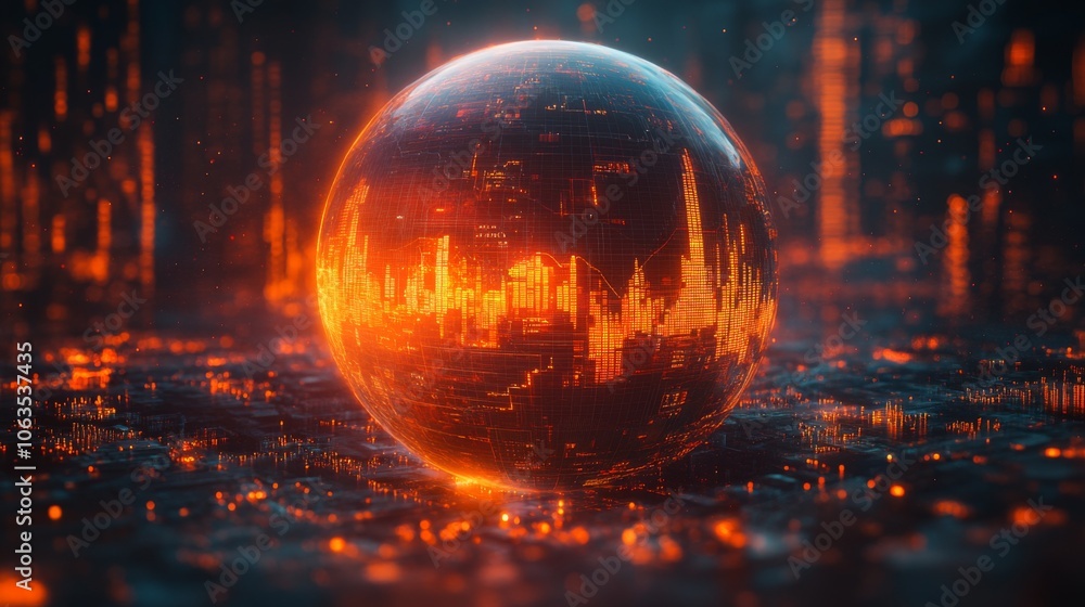 Poster The visual showcases a luminous globe filled with intricate data patterns, glowing orange against a dark, high-tech background, evoking a sense of advanced technology and data visualization.