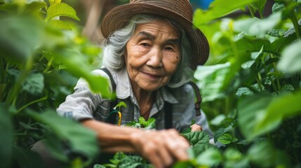 A senior woman with gray hair is gardening, surrounded by lush green plants. She looks content and focused on her work.