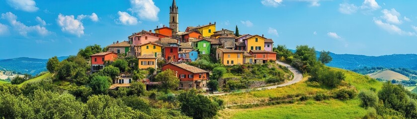 Obraz premium Enchanting hilltop town with multicolored buildings and winding streets, surrounded by rolling hills and dense forest, picturesque medieval settlement