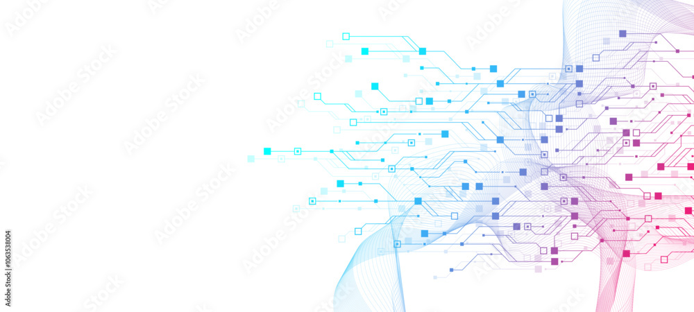 Poster Artificial Intelligence with circuit electric line style. Digital futuristic machine learning design. AI graphic design for website, banner, header, social media, mobile app, UI. Vector illustration
