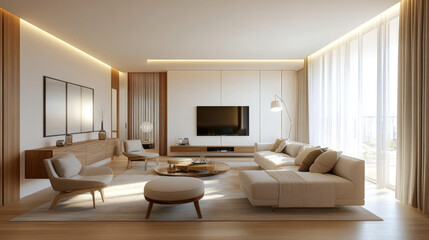 Modern living room with elegant furniture, large windows, and warm lighting creates cozy atmosphere. design features neutral color palette and stylish decor
