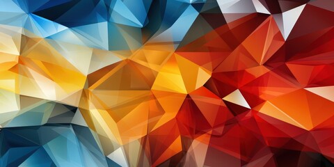 Obraz premium Abstract Geometric Pattern of Interlocking Triangles with Vibrant Hues of Blue, Red, Yellow, and Orange