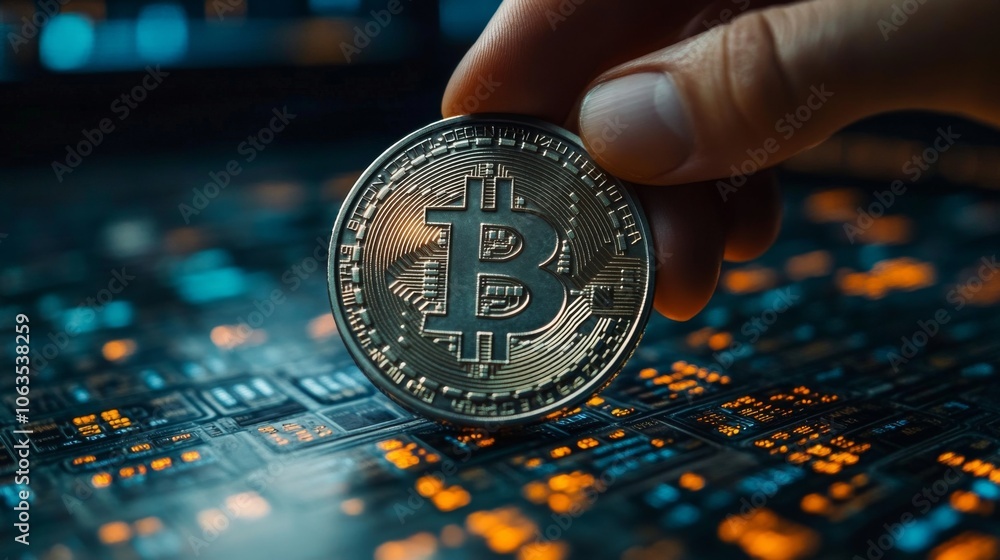 Leinwandbilder a hand grips a bitcoin, showcasing the digital currency against a backdrop of illuminated technology