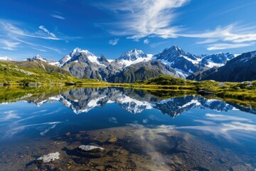 Fototapeta premium Majestic mountain landscape with clear lake reflection and blue sky