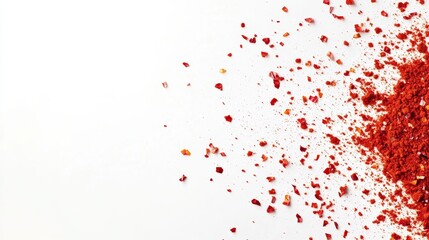 A scattered pile of red spice on a white background, highlighting texture and color.