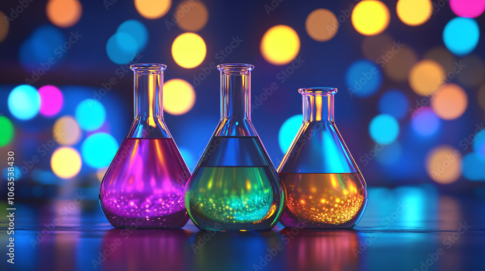 Aufkleber erlenmeyer flasks filled with vibrant liquids sit on a surface, reflecting bokeh lights