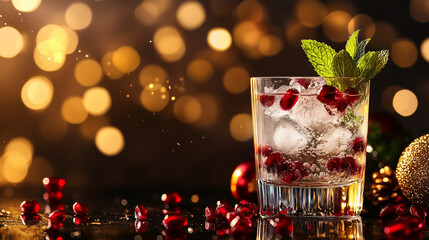 A sparkling Christmas cocktail in a crystal glass, garnished with mint leaves and pomegranate seeds, surrounded by gold and red holiday decorations with a backdrop of bokeh lights.
