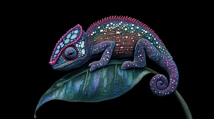 Fototapeta premium A vibrant chameleon with intricate scales perched on a leaf against a black background.