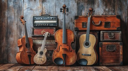 Naklejka premium A collection of musical instruments against a rustic backdrop.