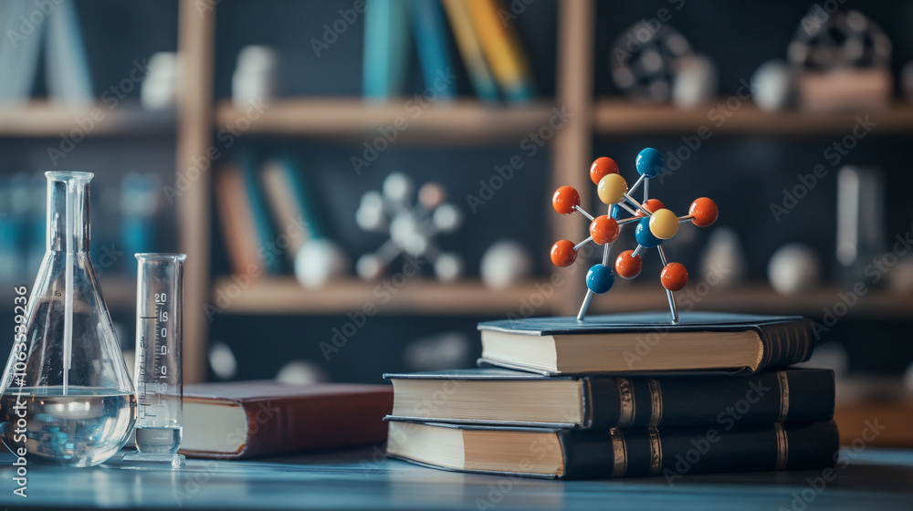 Aufkleber in a chemistry lab, a molecular model is displayed on a pile of books, symbolizing the intersection 