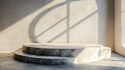 Minimalist concrete podium with sunlight and shadows in a modern interior setting.