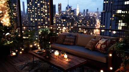 Obraz premium Cozy rooftop terrace with city skyline view at dusk, AI