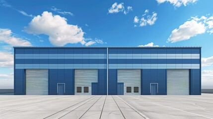 Obraz premium Storage Building with Loading Doors Against Blue Sky. Modern Industrial Warehouse for Cargo and Freight Business