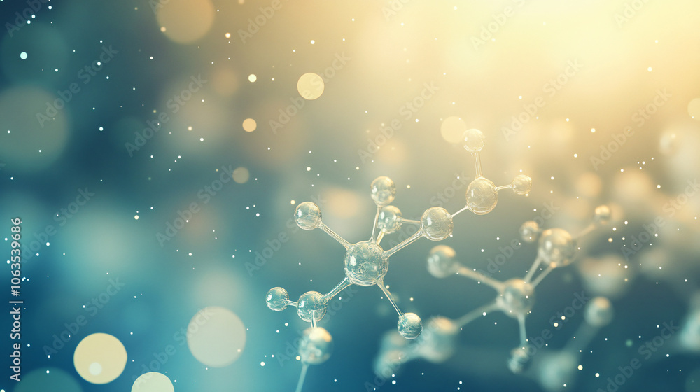 Poster 3d rendering of a group of glass molecules floating on a blue and yellow background with bokeh