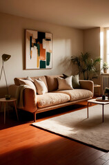 Scandinavian home interior design of modern living room. Elegant room with an orange floor soft boucle sofa, abstract art, and  decor creating a cozy, warm atmosphere.