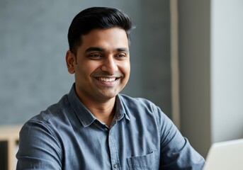 Close-up Portrait of a Smiling Man in a Blue Shirt