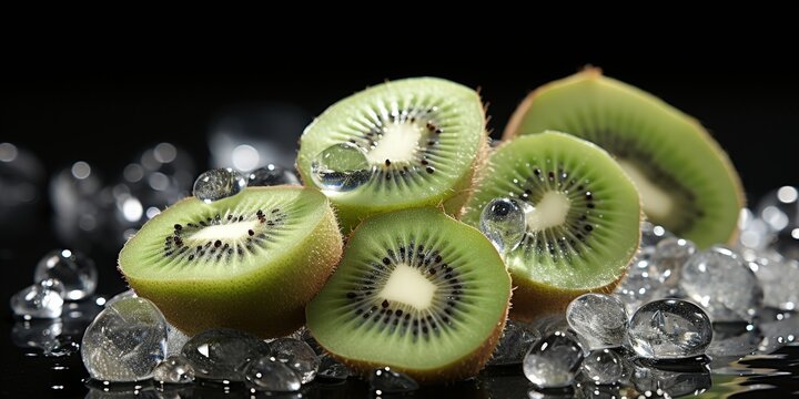 Freshly sliced kiwi fruit on a bed of glistening ice, creating a cool and refreshing visual