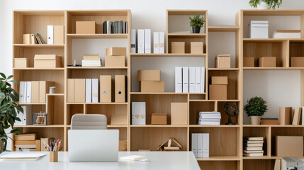 A modern office space featuring organized wooden shelves filled with various boxes, files, and plants, creating tidy and productive environment