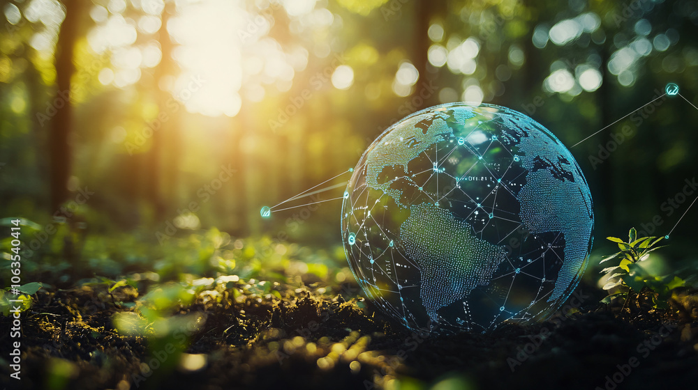 Poster Electronic globe links with nature in a woodland setting, representing eco-friendly technology and sustainable practices