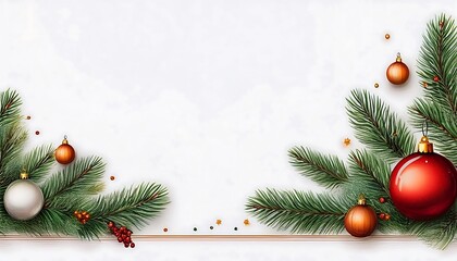 Decorative fir tree branches and classic Christmas ornaments arranged at the bottom of a festive background. Generative AI