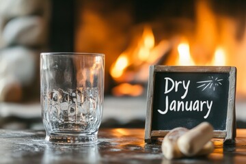 Cozy fireplace with empty glass signifying dry january resolution