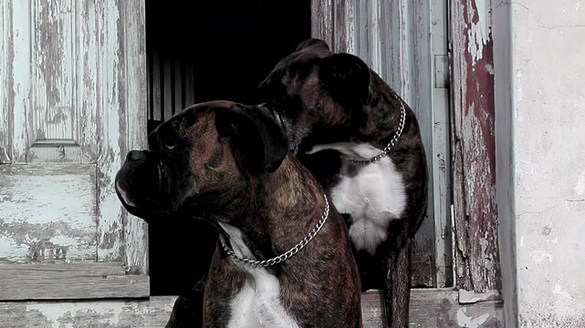 Father and Son Brindle Boxers Dogs Observing Street from Worn Wooden Door - Close Up - 4K