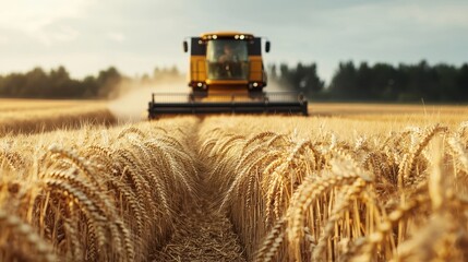 Fototapeta premium Farmer using a combine harvester to gather wheat in an expansive field, [harvest], [modern farming machinery]. ,closes up