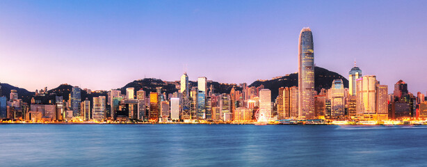Naklejka premium Panorama of Victoria Harbor of Hong Kong city