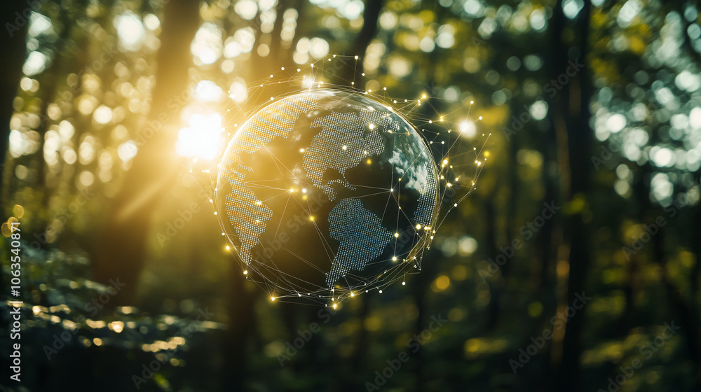 Poster hologram of planet earth with data connecting continents floating in lush green forest at sunset