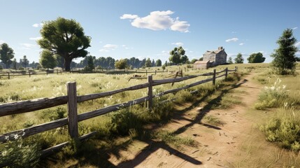 Obraz premium A Rustic Wooden Fence Lines a Dirt Path Leading Towards a Distant Farmhouse in a Sunny Meadow