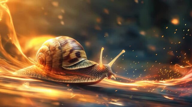 A snail is depicted moving in slo-motion with fire trailing behind it. Concept of overcoming obstacles