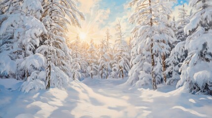 An immersive painting of a winter scene where snow-draped trees