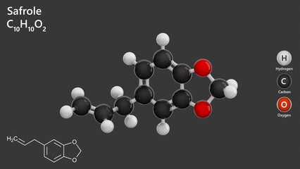 Molecule: Safrole. Essential oil. Molecular structure. Formula: C10H10O2. Chemical model: Ball and stick. Gray background. 3D illustration.
