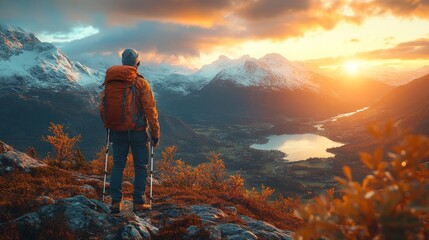 Adventurer Gazing at Mountainous Sunset