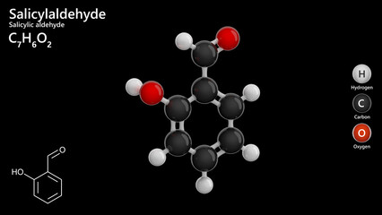 Molecule: Salicylaldehyde. Organic compound. Molecular structure. Formula: C7H6O2. Chemical model: Ball and stick. Black background. 3D illustration.