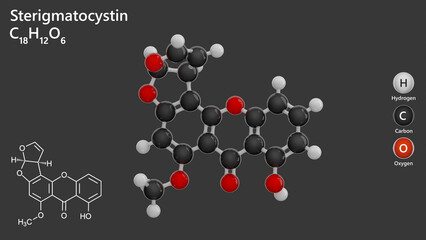 Molecule: Sterigmatocystin. Polyketide mycotoxin. Molecular structure. Formula: C18H12O6. Chemical model: Ball and stick. Gray background. 3D illustration.