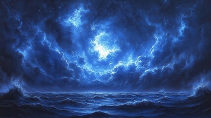 Fototapeta premium haunting scene of a deep blue sky over a turbulent sea with ominous clouds swirling above creating a mood of mystery and foreboding perfect for a dramatic backdrop