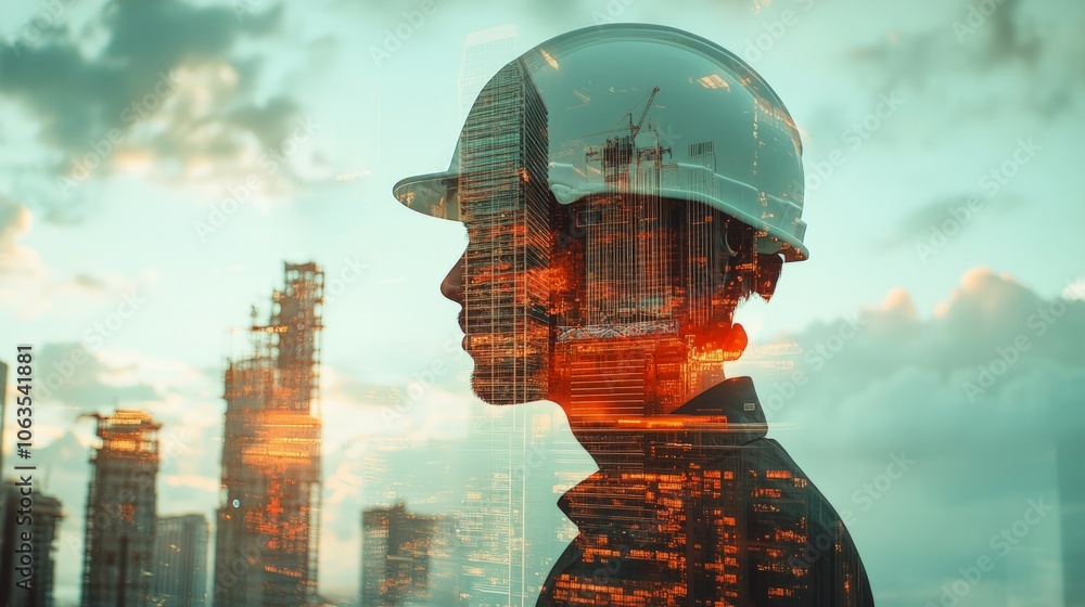 Poster double exposure of engineer with skyline: innovation in urban development