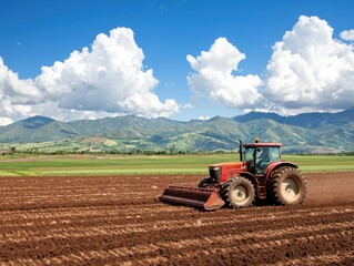 Fototapeta premium A tractor plowing a large, open field with mountains in the background, [agriculture banner], [rural farming and agricultural machinery].