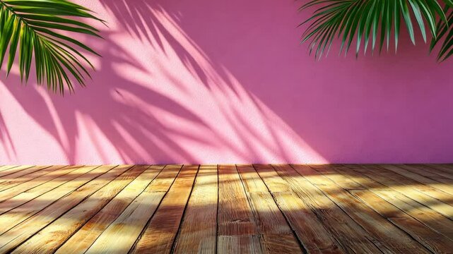 Palm tree shadows fall on a wooden deck in front of a pink wall