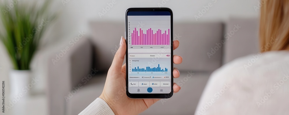 Poster a person holds a smartphone displaying colorful graphs and data analytics, suggesting an interest in