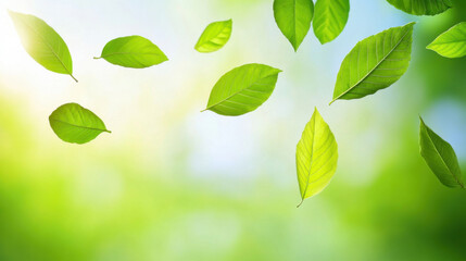 Macro shot of natural, Fresh green leaves floating gracefully in soft, blurred background, evoking sense of tranquility and connection to nature