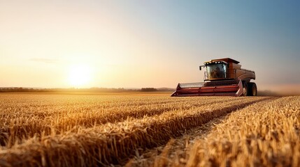 Fototapeta premium Farmer driving a combine harvester, collecting grains from a vast field, [farmer labor], [mechanized crop collection].
