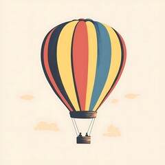 Fototapeta premium A colorful hot air balloon with two people inside, against a light beige background with a few white clouds.