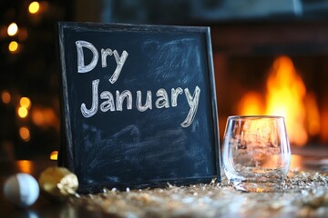 Dry january concept with chalkboard sign and empty glass by cozy fireplace
